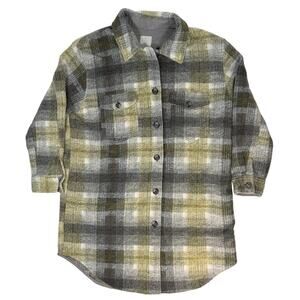 Joie Women’s XL Plaid Shacket Longline Gray Yellow Button Front Overshirt